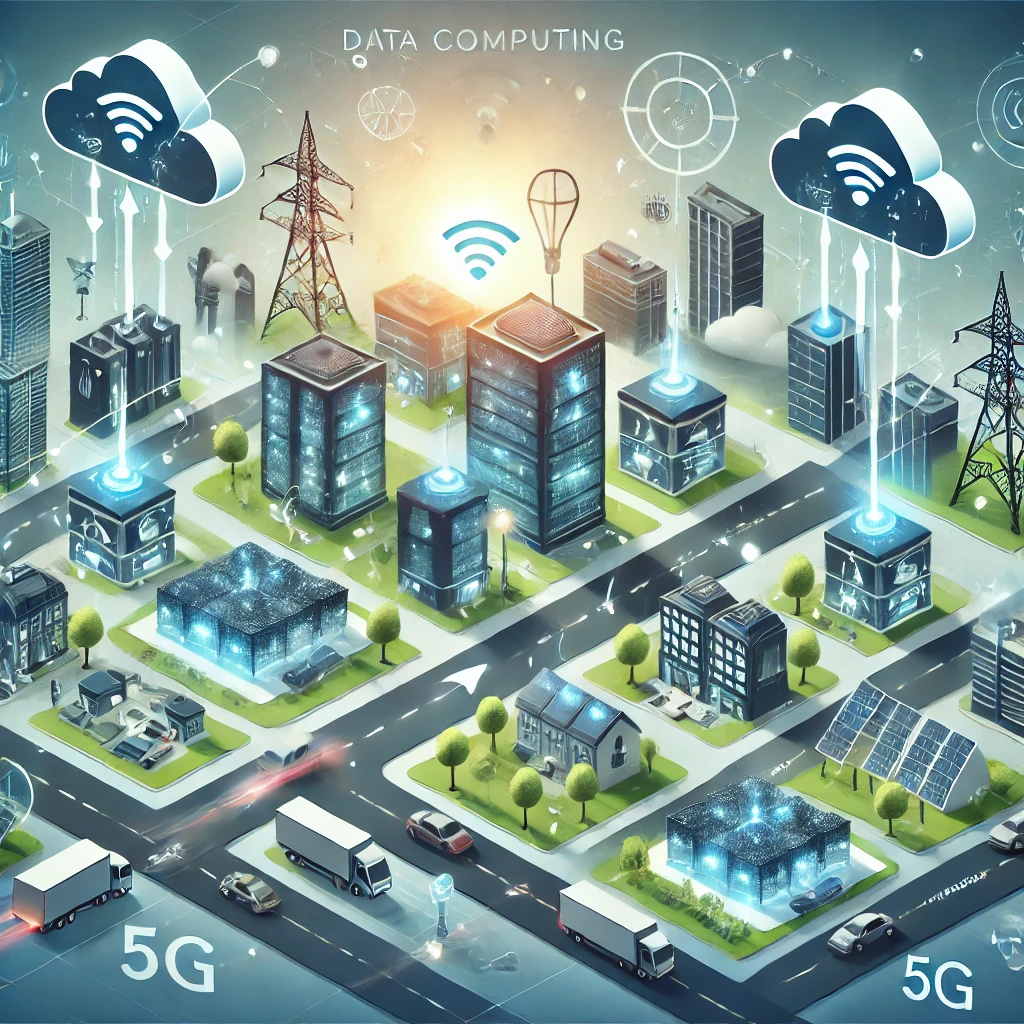 DALL·E 2024-07-27 14.30.17 – An illustration of Edge Computing showing data processing happening close to the source. Depict a futuristic urban environment with multiple small dat