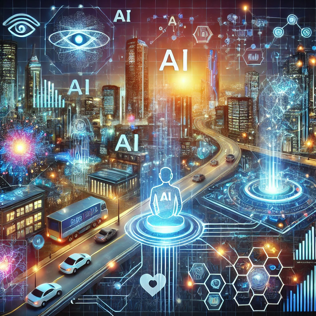 DALL·E 2024-07-27 14.30.42 – An illustration showcasing Artificial Intelligence (AI) and Machine Learning pioneering the future of innovation. Depict a futuristic cityscape with v