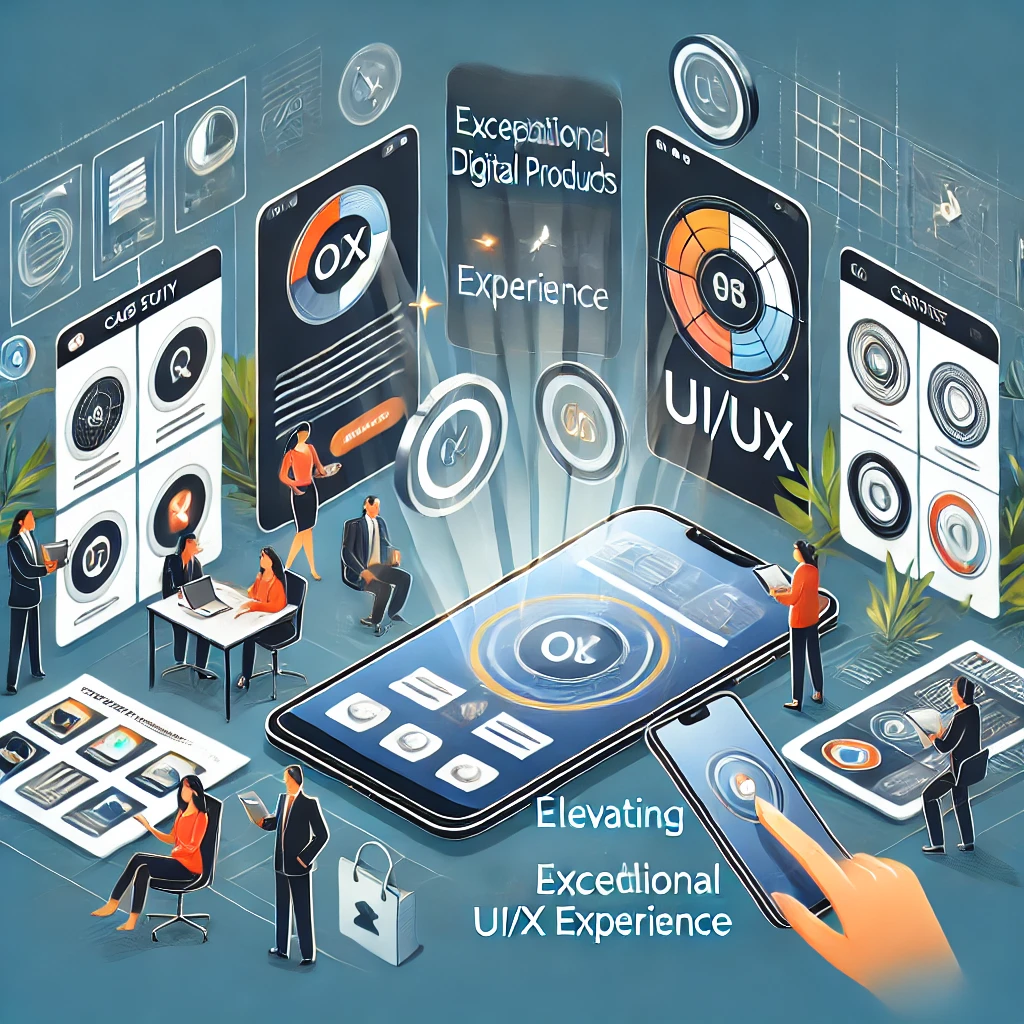 DALL·E 2024-08-01 13.09.57 – An illustration for a case study titled ‘Elevating Digital Products through Exceptional UI_UX Experience.’ The image should depict a modern and sleek