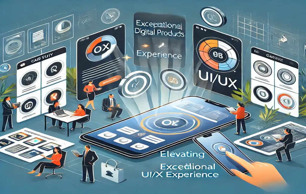 DALL·E 2024-08-01 13.09.57 – An illustration for a case study titled ‘Elevating Digital Products through Exceptional UI_UX Experience.’ The image should depict a modern and sleek (1)